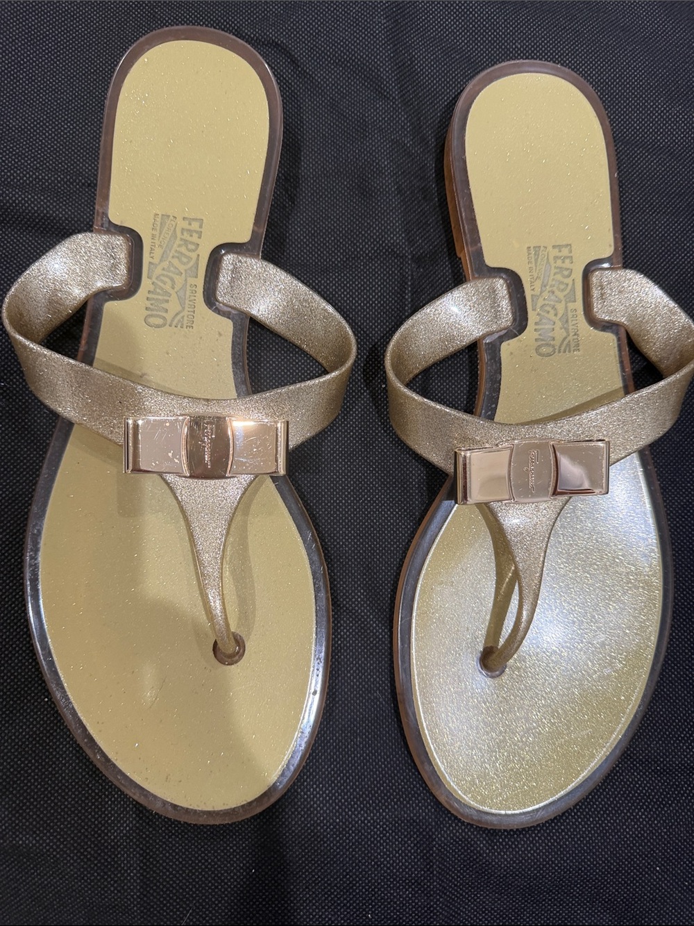 Salvatore Ferragamo Metallic Gold Vara Bow Thong Sandals